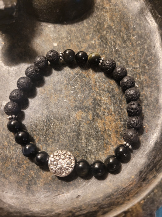 Bracelet en Lave, Oeil de faucon et fleurs argentées