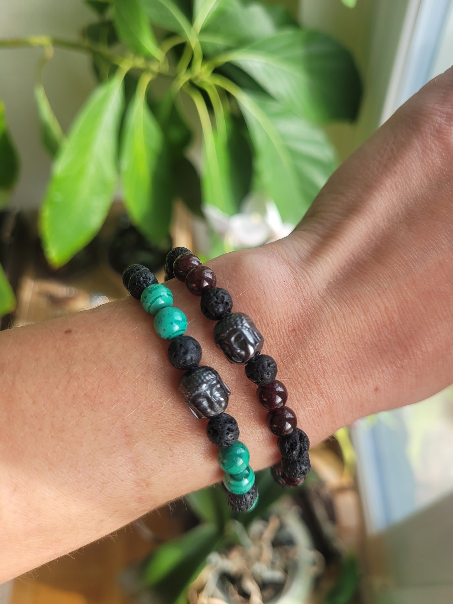 Bracelet en Lave et Malachite et Bouddha en Hématite