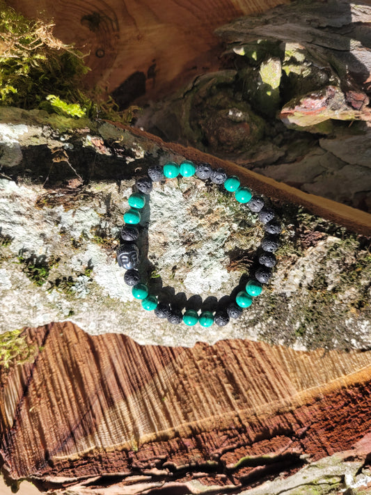 Bracelet en Lave et Malachite et Bouddha en Hématite