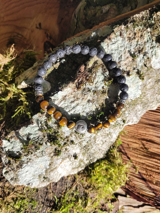 Bracelet en Lave et Oeil de Tigre, avec petit escargot en métal