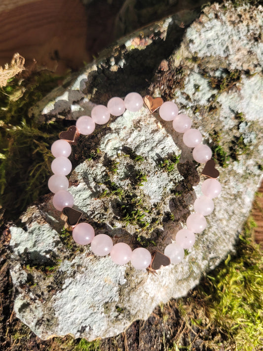 Bracelet en Quartz Rose et coeurs or rose