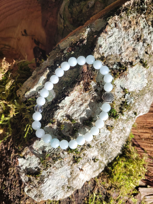 Bracelet en Aigue-Marine et Cristal de Roche et coquillage argenté