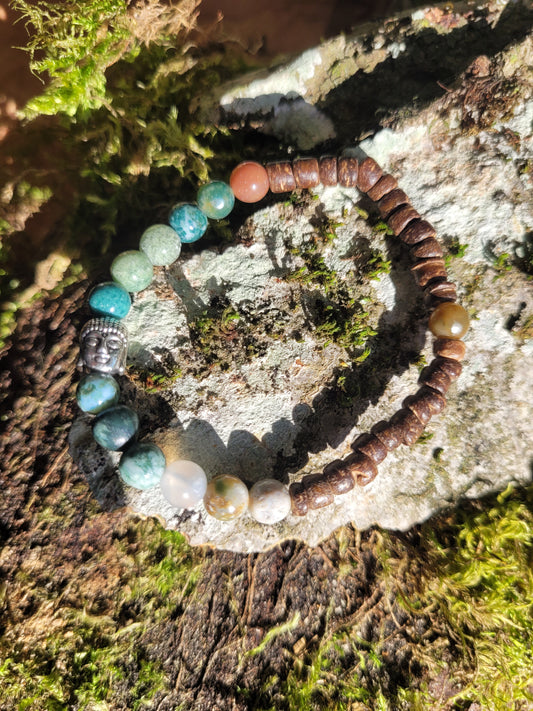 Bracelet en Agate Mousse et Indienne, perles de coco et bouddha argenté