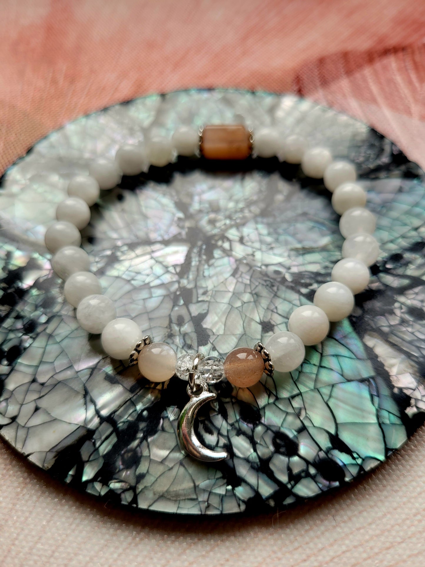 Bracelet en Pierre de Lune, Cristal Iris et lune argentée