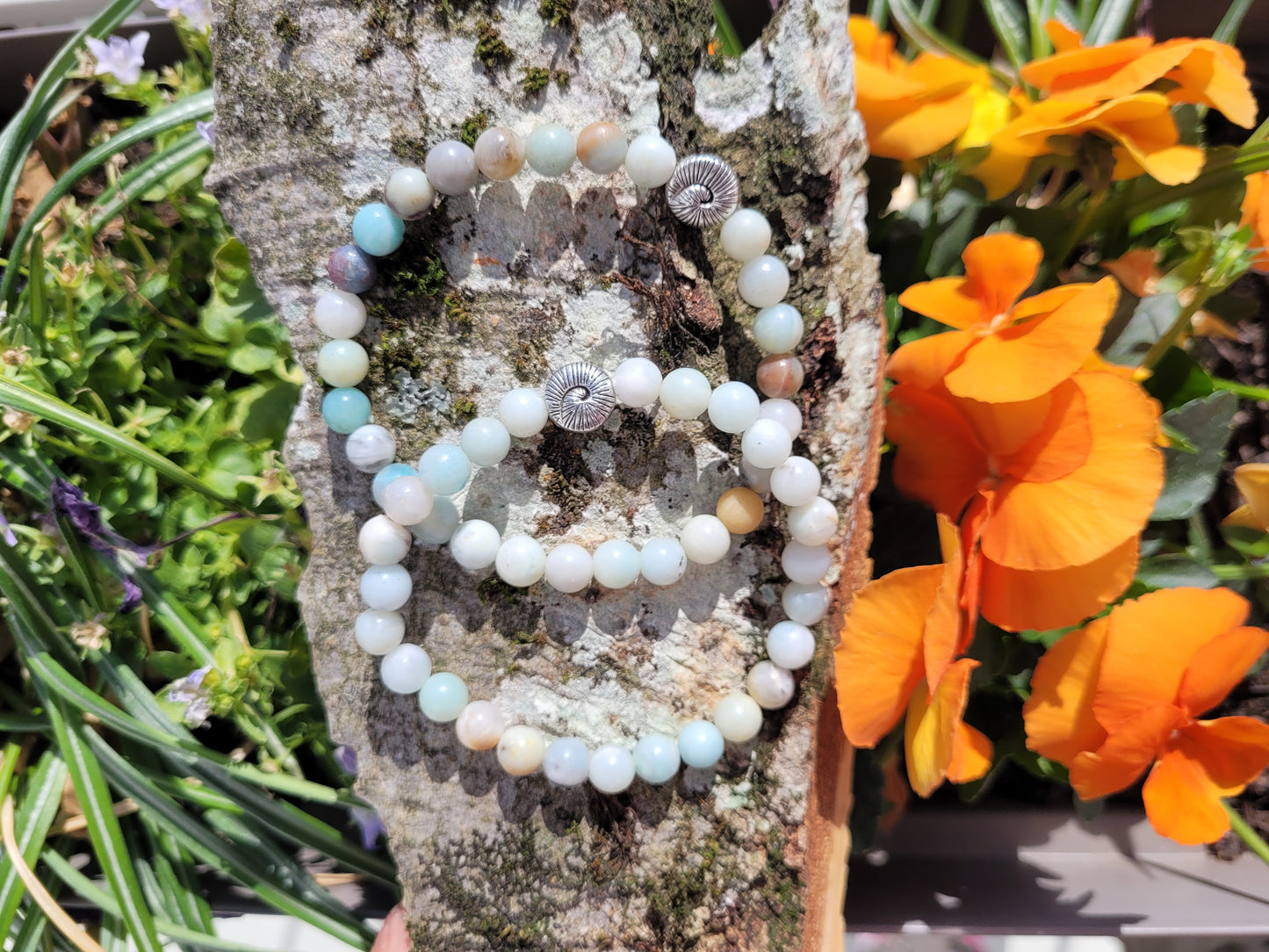 Bracelet en Amazonite multicolore et escargot argenté