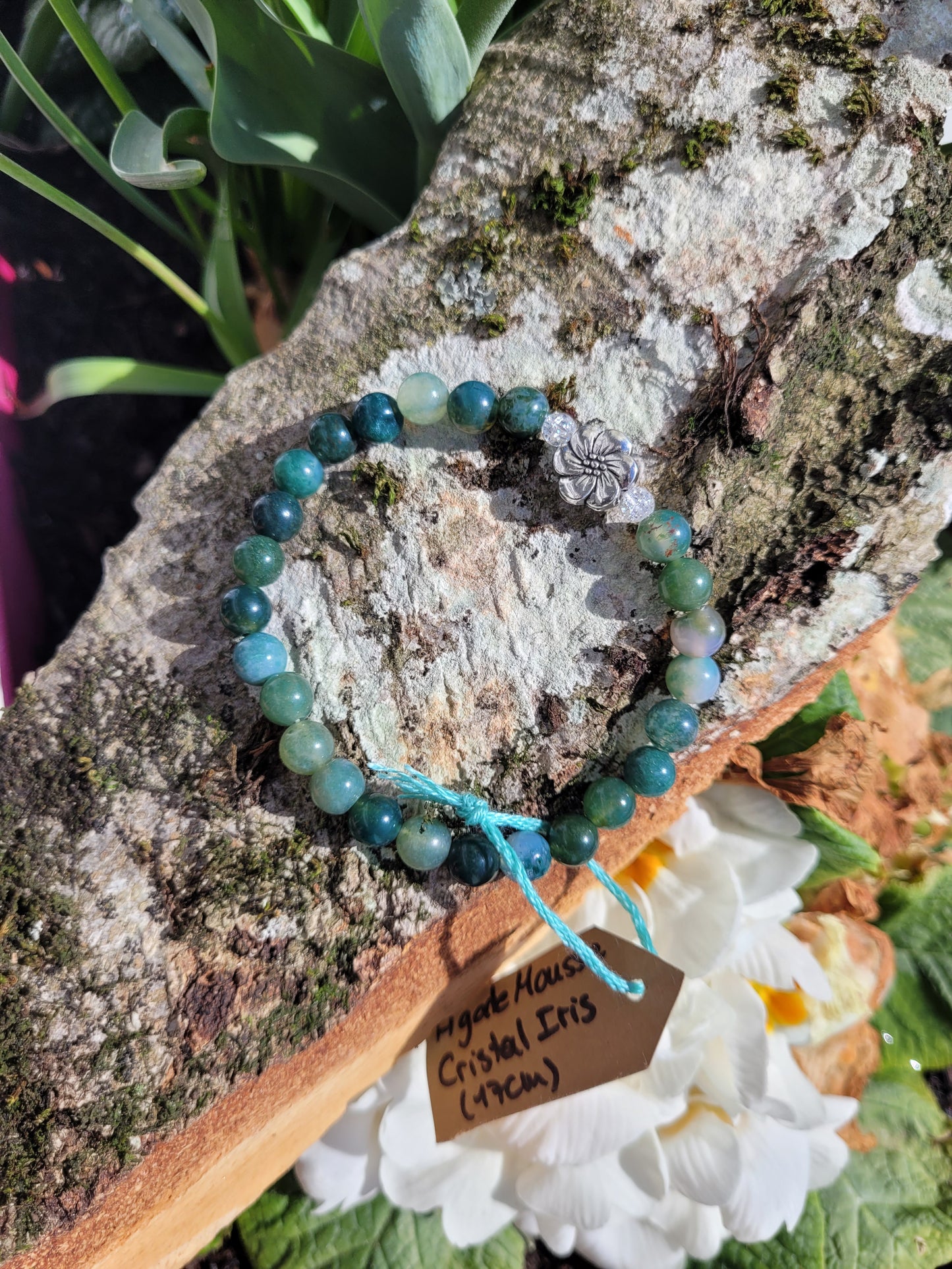 Bracelet en Agate Mousse, Cristal Iris et fleur argentée