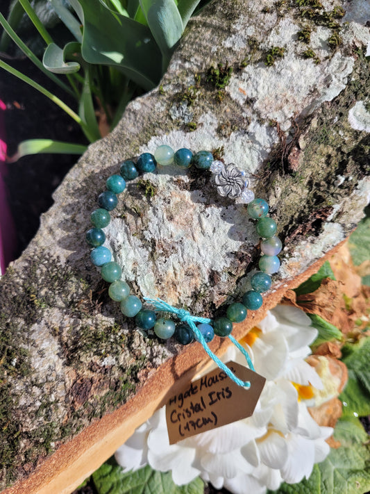 Bracelet en Agate Mousse, Cristal Iris et fleur argentée