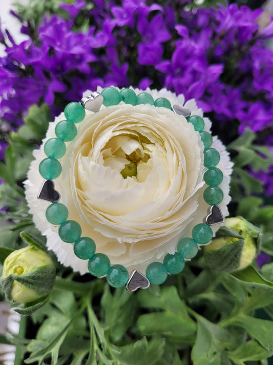 Bracelet en Aventurine et coeurs argentés