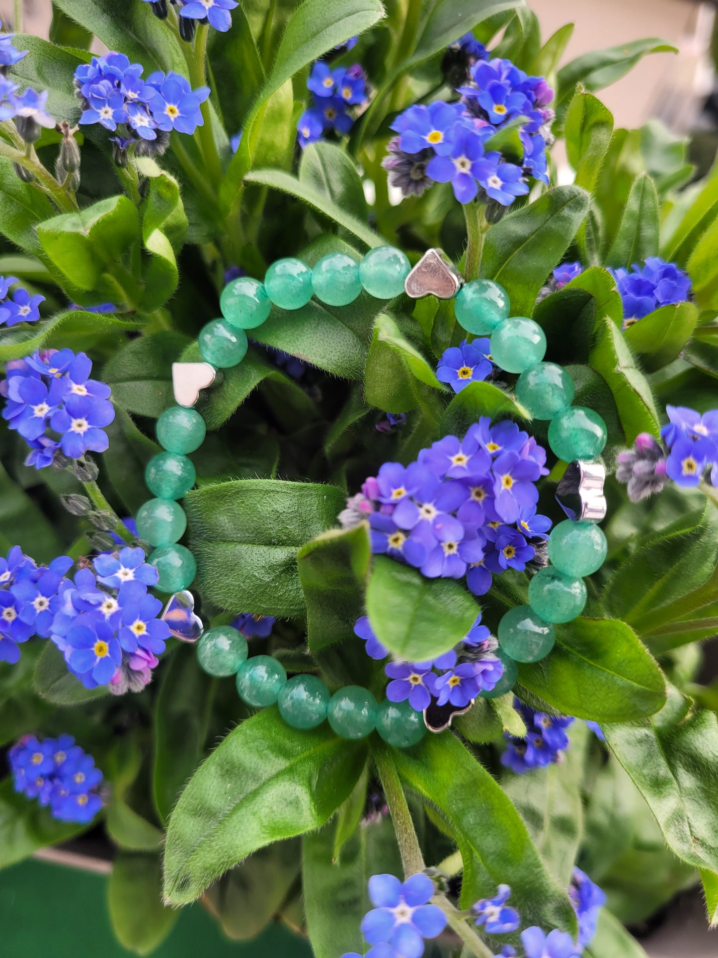 Bracelet en Aventurine et coeurs argentés