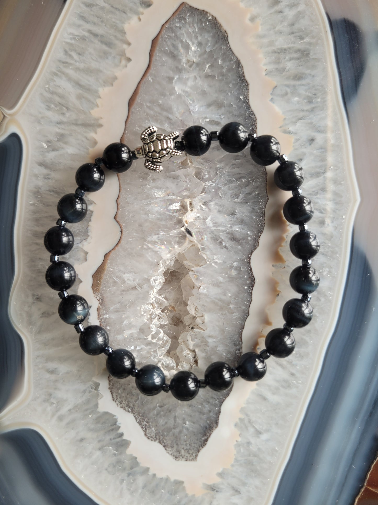 Bracelet de Protection en Oeil de faucon et tortue argentée