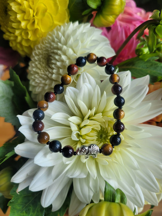 Bracelet de Protection en Oeil de Tigre, Oeil de Boeuf, Oeil de Faucon et éléphant argenté