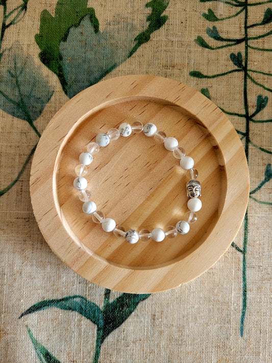 Bracelet en Magnésite, Cristal de Roche et Bouddha argenté