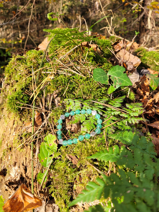 Bracelet en Aventurine verte et fleurs argentées