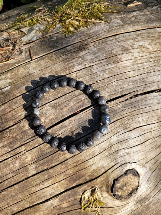 Bracelet en Lave, Labradorite et Bouddha en Hématite